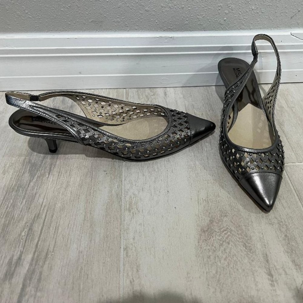 MICHAEL Michael Kors Stud Laser Cut Closed Toe Kitten Heel Slingbacks 7M NWT!